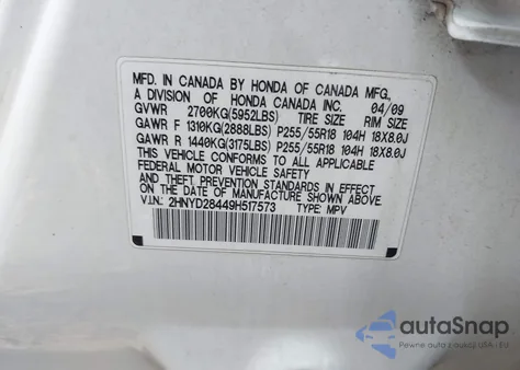 2009 Acura Mdx Technology Package z USA, uszkodzony, nr VIN 2HNYD28449H517573